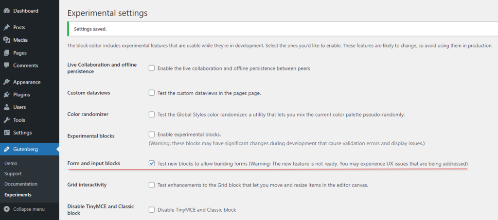 The Form and Input blocks setting ticked on Gutenberg Experimental setting page
